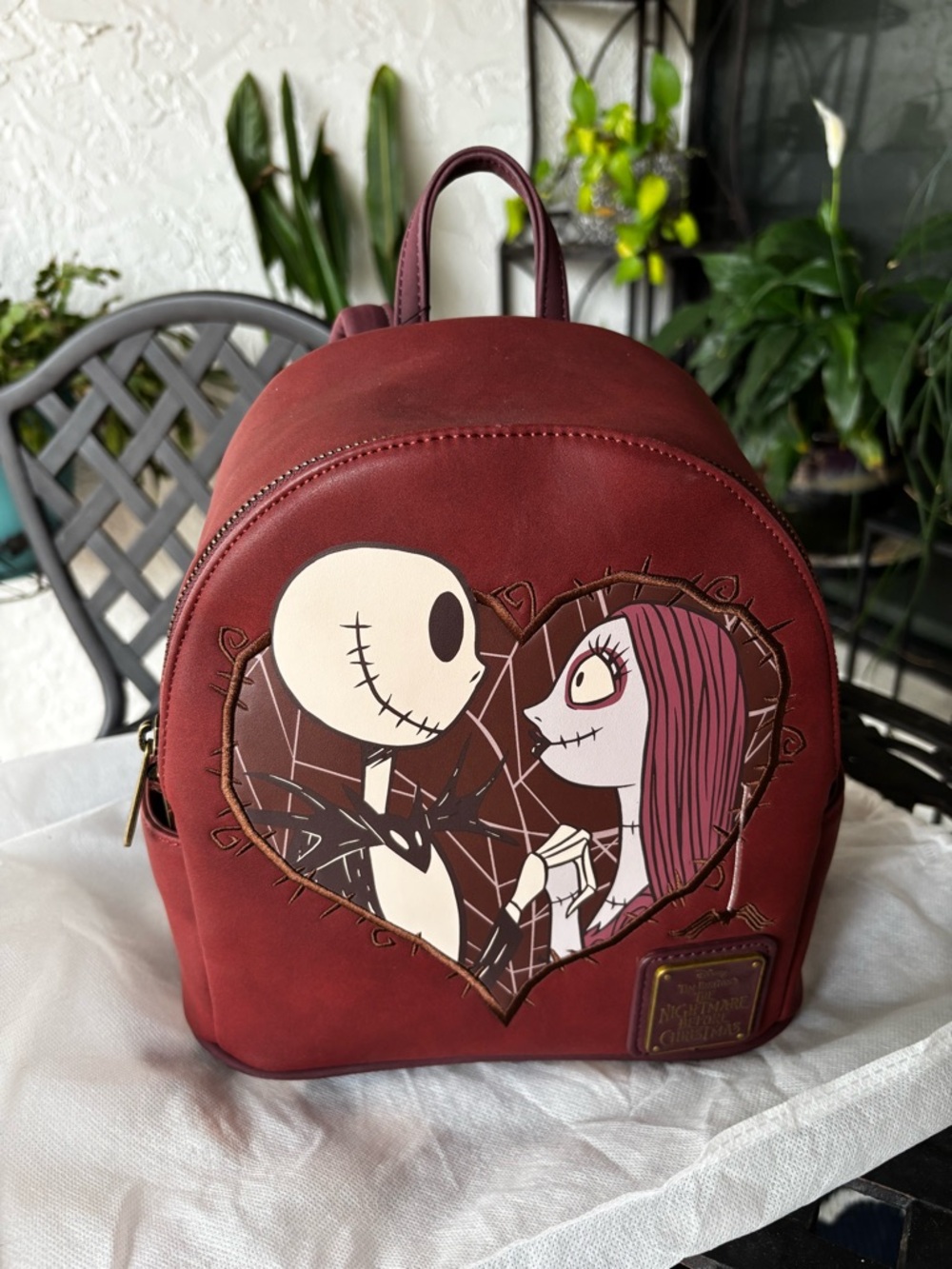 Disney Burgundy Mini Backpack with Jack & Sally Heart Graphic
